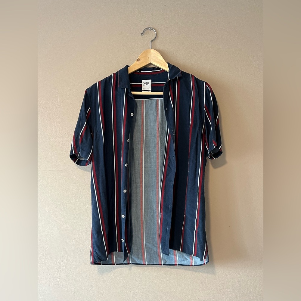 Zara Men's Casual Striped Shirt - Navy, Red, White